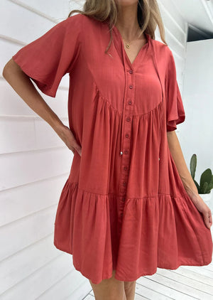 FARROW BUTTON DRESS CLAY RED