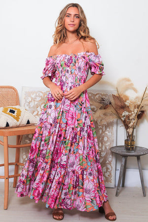 IB SOLANA FLOUNCE SLEEVE SHIRRED MAXI DRESS
