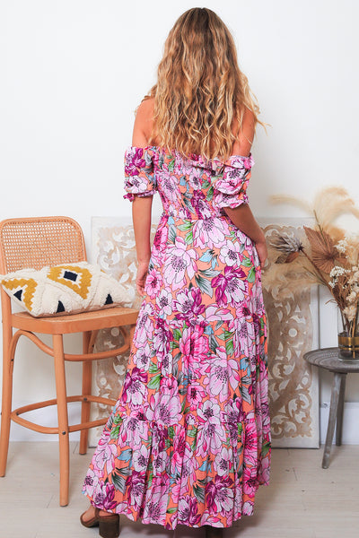 IB SOLANA FLOUNCE SLEEVE SHIRRED MAXI DRESS