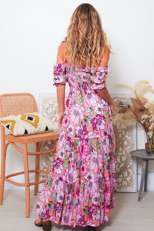 IB SOLANA FLOUNCE SLEEVE SHIRRED MAXI DRESS
