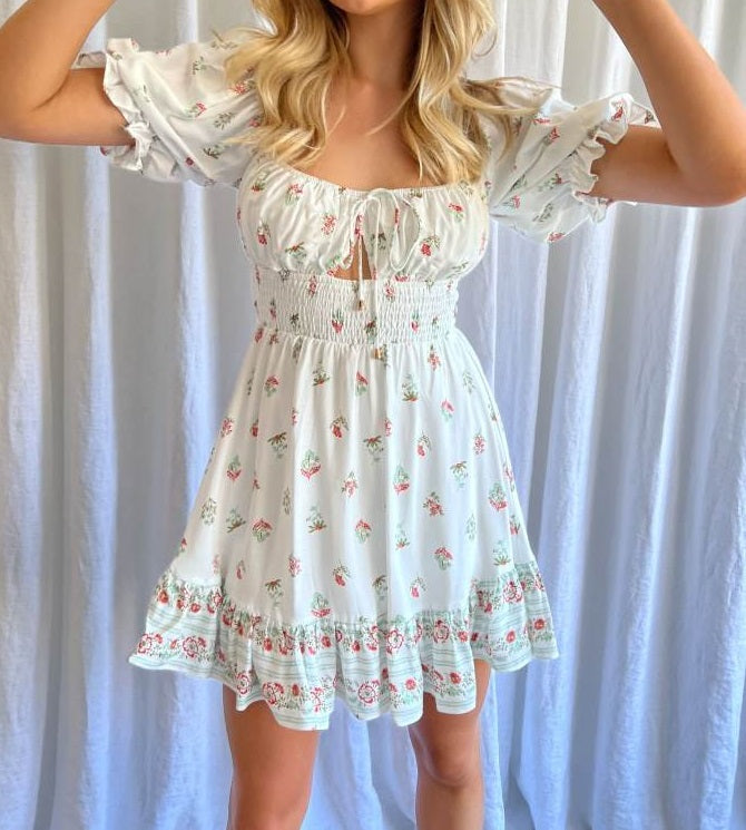 INDI PEASANT FLORAL MINI DRESS