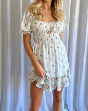 INDI PEASANT FLORAL MINI DRESS