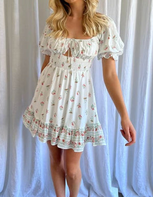 INDI PEASANT FLORAL MINI DRESS