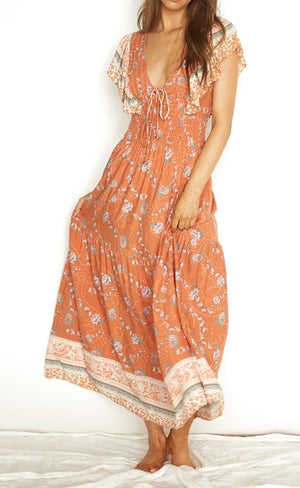 INDI LACE UP FRONT FLORAL MAXI DRESS