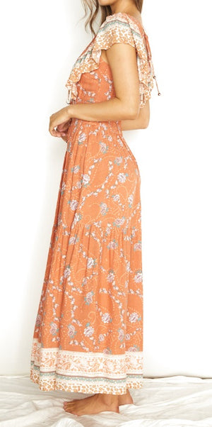 INDI LACE UP FRONT FLORAL MAXI DRESS